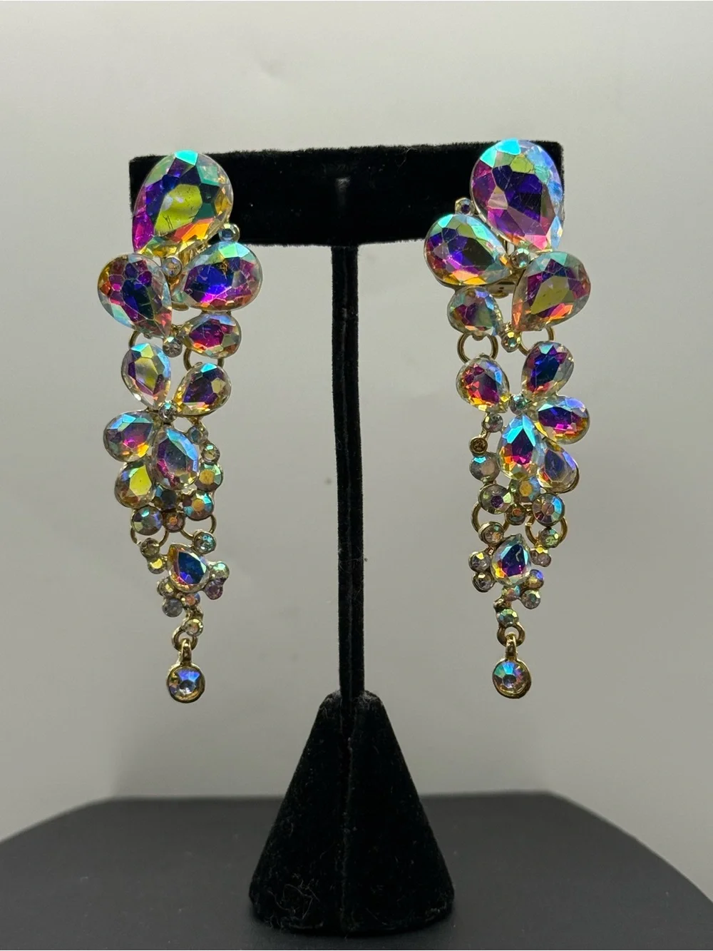 Aurora Crystal Cascade Statement Drop Clip Earrings Iridescent
